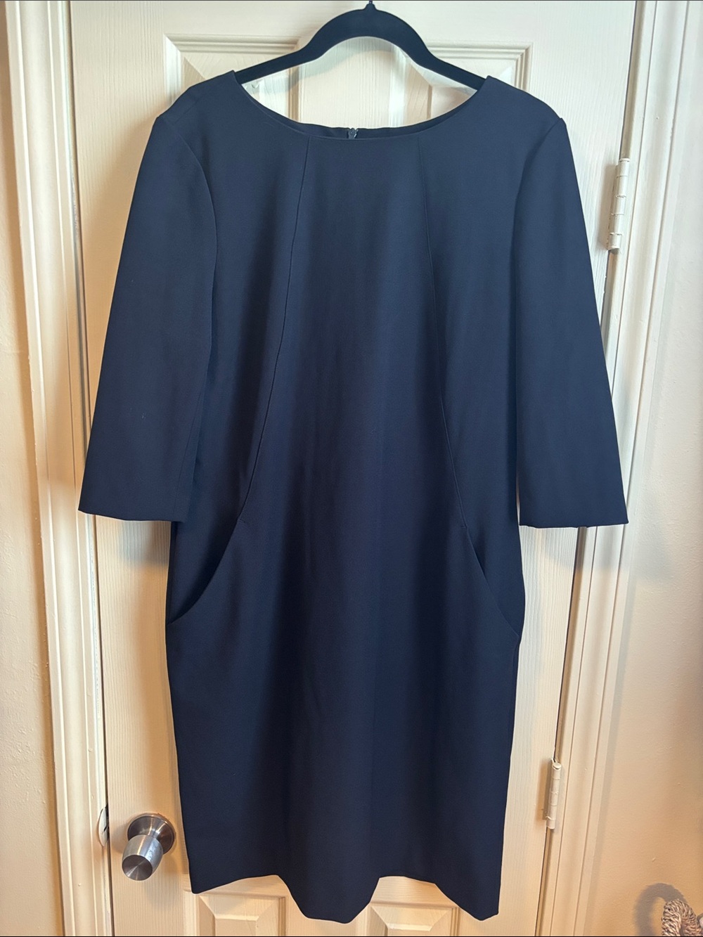 MM LaFleurClassic Black Shift Dress - Elegant Three-Quarter Sleeve Pockets